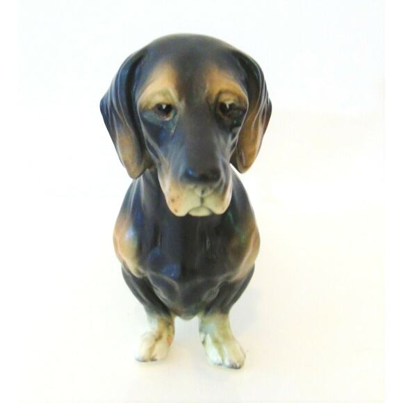 VTG Japan Porcelain DACHSHUND DOG FIGURINE Black Tan White Paws Male 7" Long - Picture 5 of 7